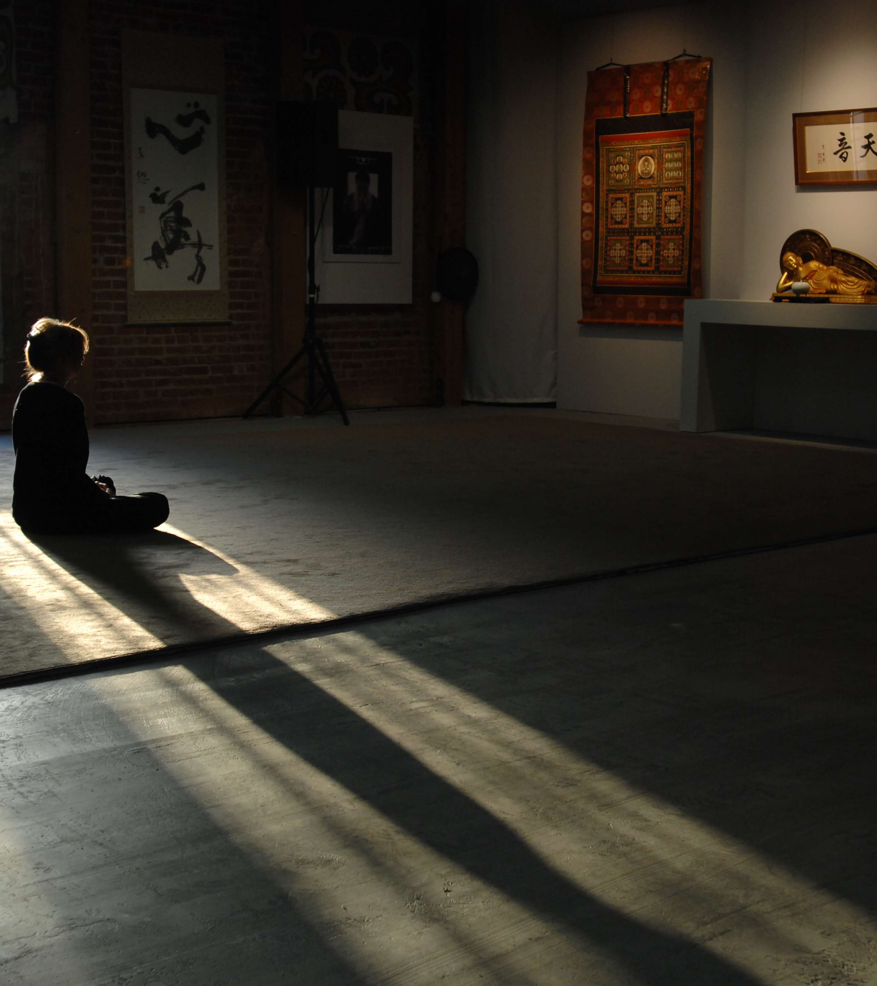 A person seated in meditation in sunlight before a Buddhist shrine